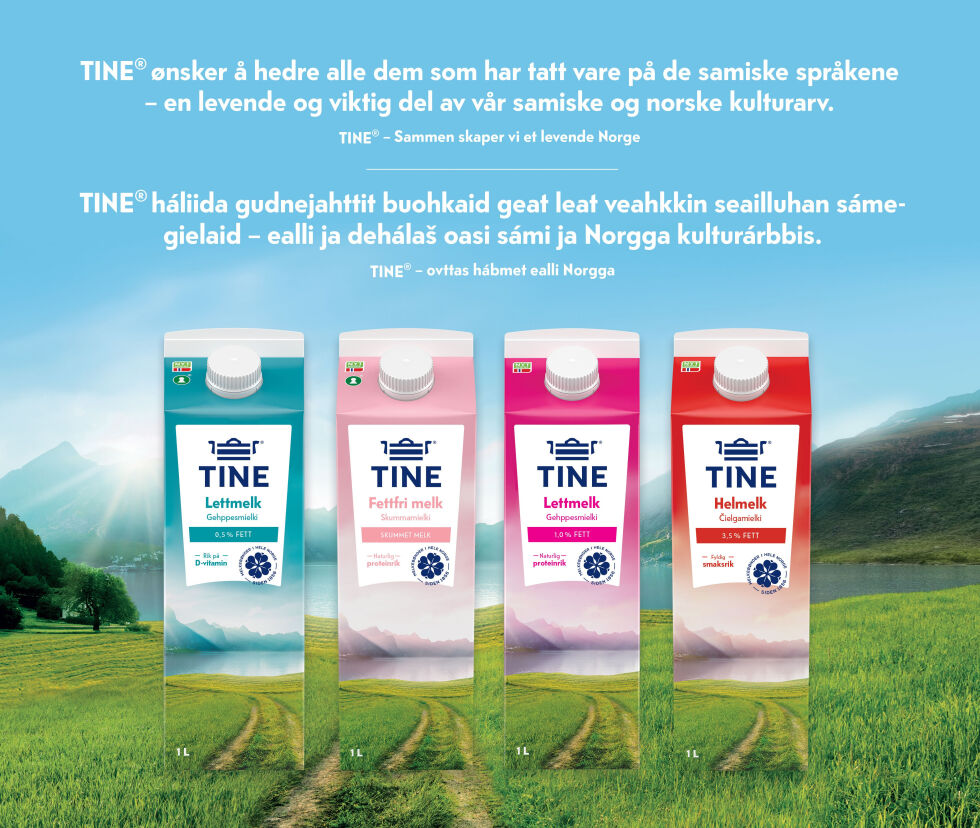 Slik vil melkekartongene til Tine se ut fra og med 1.januar- 2023. Med samisk oversettelse også.