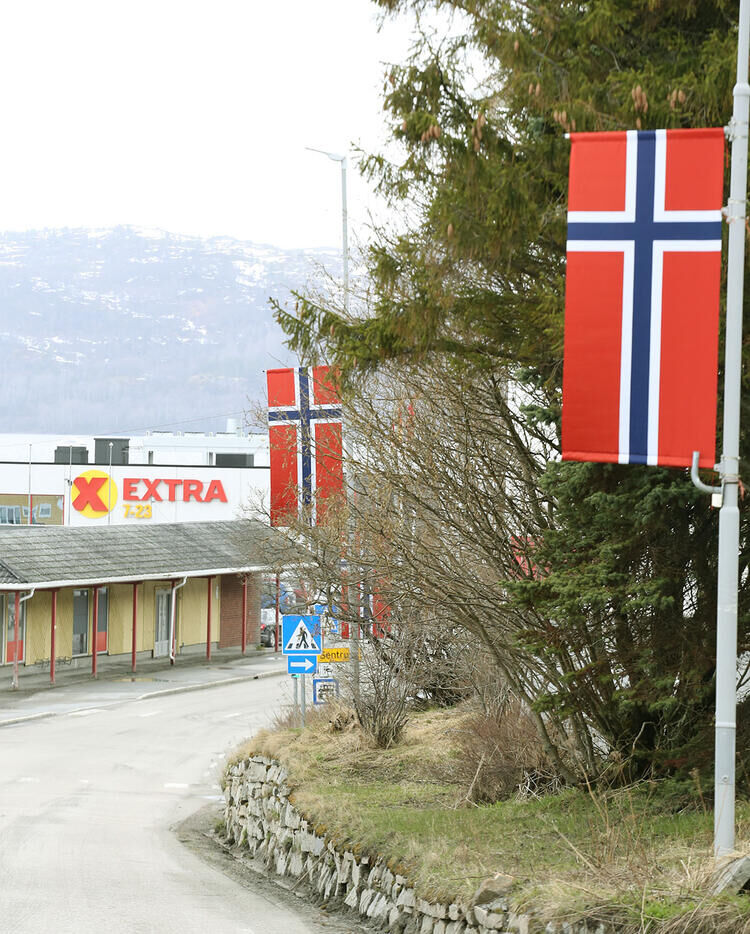 De norske flaggfargene pynter opp Sjøvegan i sommer. Og det passet jo kjempebra og få de opp like før nasjonaldagsfeiringen som skal være med tog i sentrum, etter to år med nedstegning. FOTO: JON HENRIK LARSEN