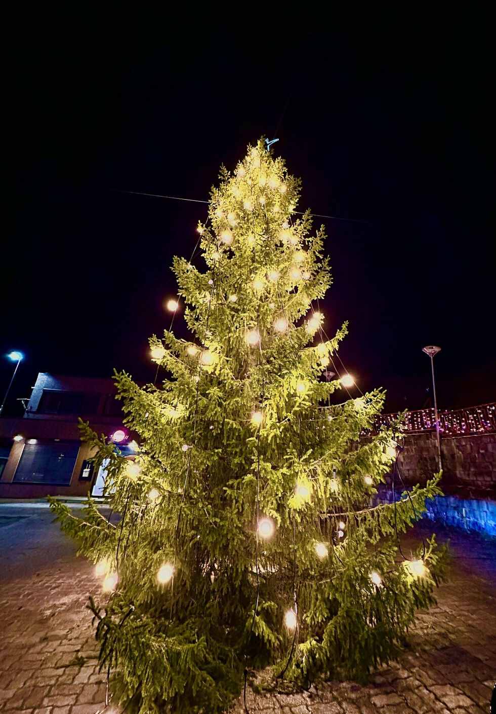 Juletreet på torget på Sjøvegan lyser opp i mørketida.
 Foto: Jon Henrik Larsen