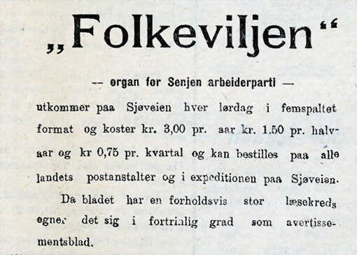 Folkeviljen - Organ for Senjen Arbeiderparti.
