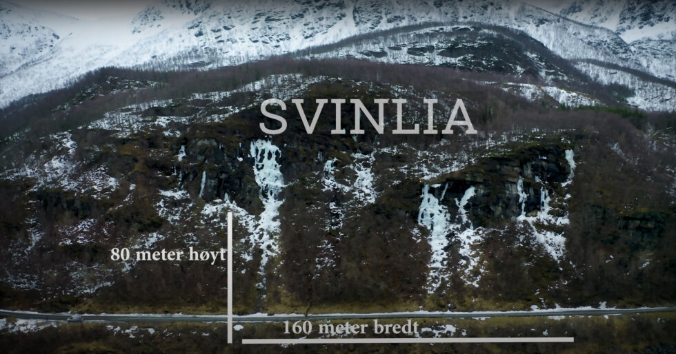 Slik ser det ut i Svinlia på våren når isen løsner fra fjellet og kommer ned over fjellsiden. Dette er ikke trygt, mener Karina Olsen. FOTO: MARIUS ARVESEN.