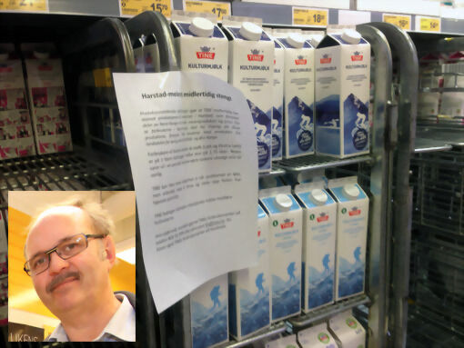 Det er i dag kritisk på melkefronten på Coop Prix på Sjøvegan. - Vi har reddet oss over helga med melk, men nå er det kritisk, sier butikksjef Agnar Fossbakk (innerfelt). FOTO: JON HENRIK LARSEN