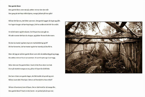 Dette viser en av sidene i diktsamlingen til Gunnar Sæbø. Oddgeir Sagerup har tatt bildet til teksten.