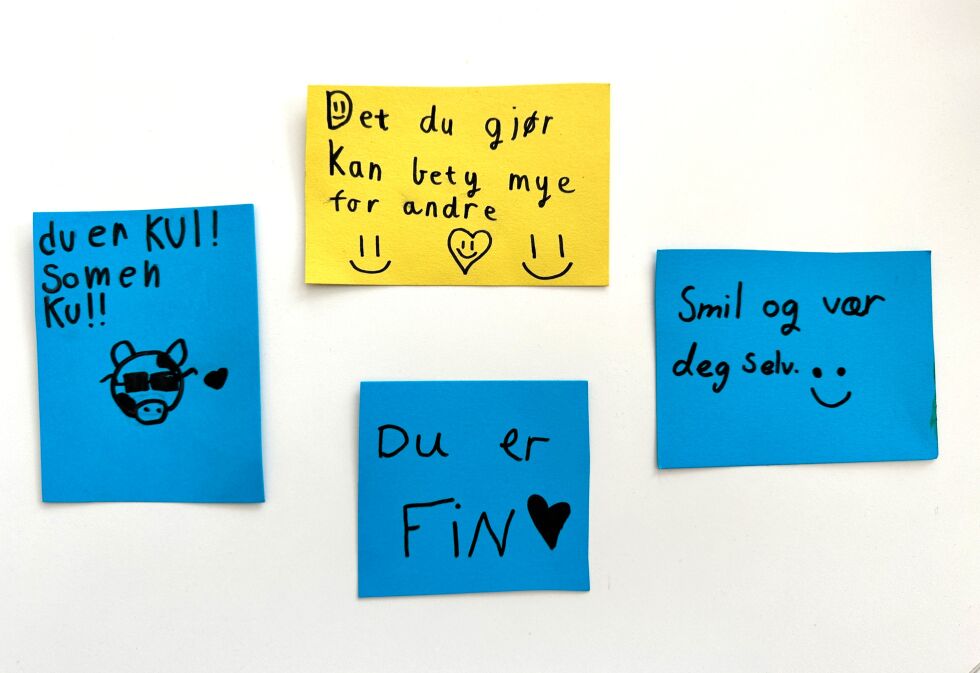 Dette var noen av glede-kortene som elevene delte ut til mennesker i Sjøvegan-sentrum i skoletimen.
 Foto: Jon Henrik Larsen